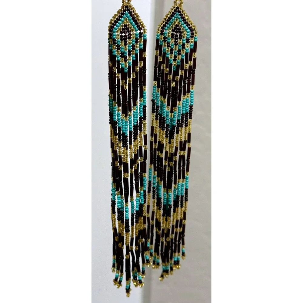 Handmade Seed Bead Fringe Earrings Turquoise Gold Dark Purple Chevron Boho 8.25